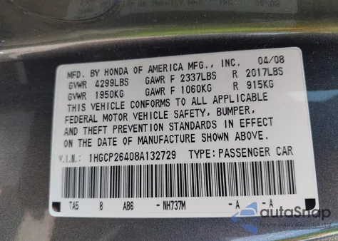 2008 Honda Accord 2.4 Lx-P из США, поврежденный, VIN 1HGCP26408A132729